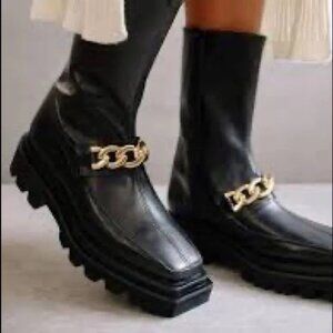 Alohas Sz 41 (10-10.5) Black Block Square Toe Round Chain Chunky Long Moto Boots